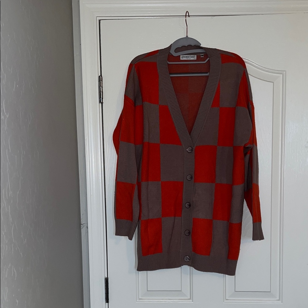Patrizia Luca Red and Brown Checkered Cardigan